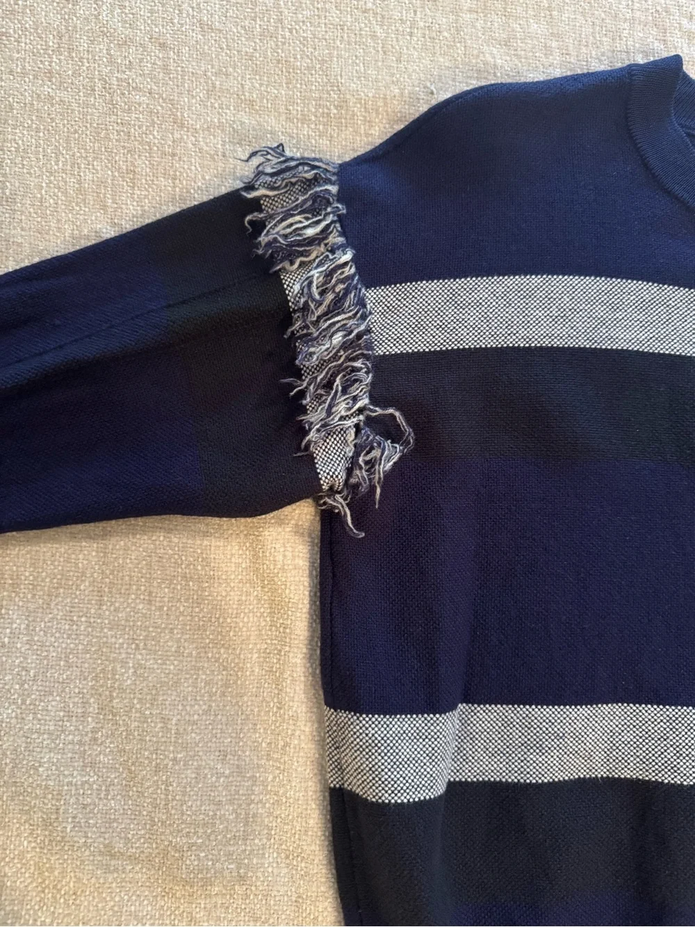 Tory Burch Gwen Wool Navy Plaid Fringe Sweater Medium
